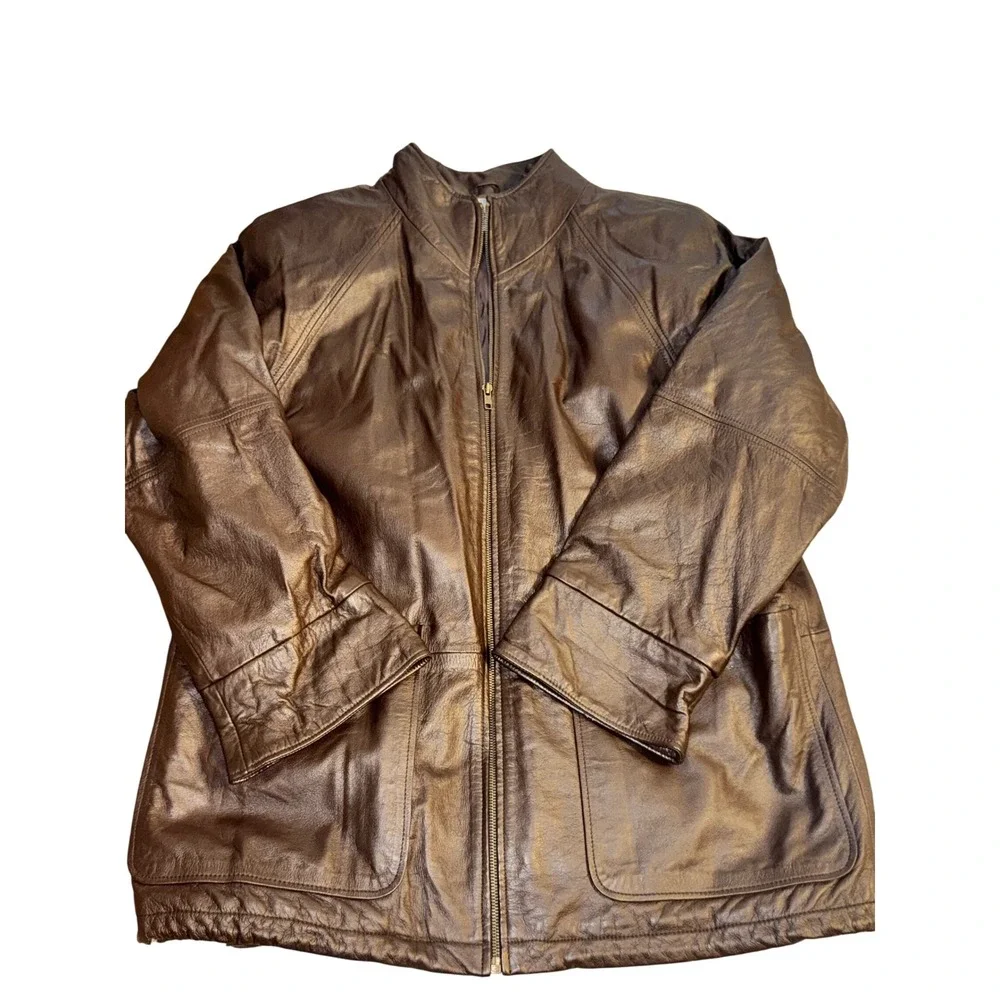 Vintage Spiegel Women 1X Brown Leather Full Zip Jacket with Pockets Draw Strings